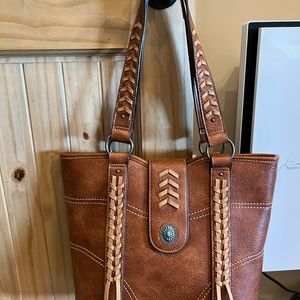 JUSTIN WOMEN'S BROWN LACED TRIP LEATHER TOTE BAG
